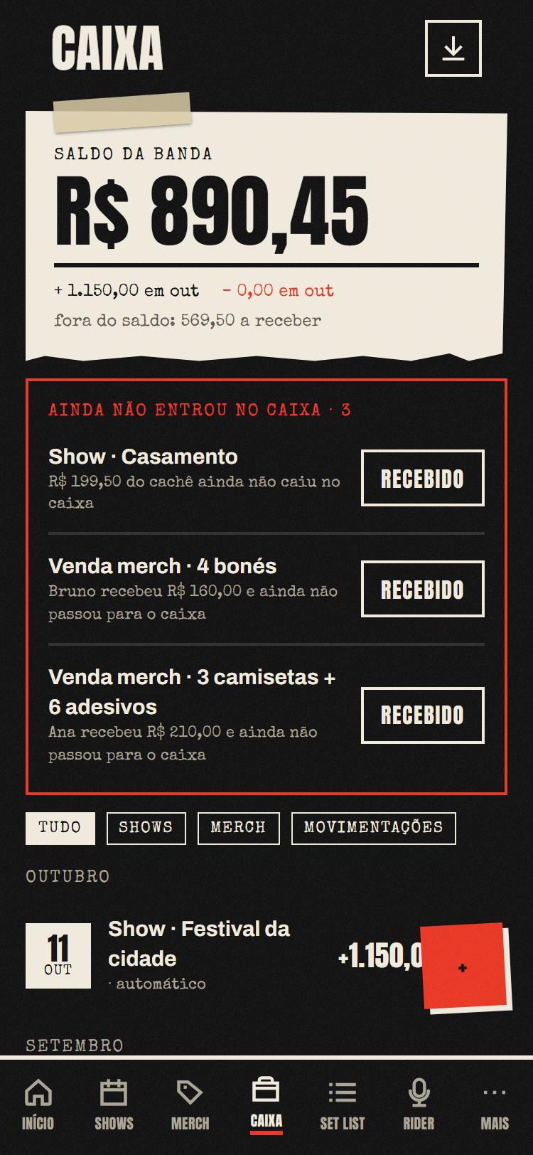Tela do caixa da banda com o saldo e o que ainda não entrou